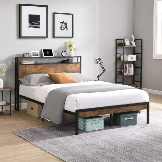 Bed Frame with Headboard and USB Ports, Queen Size