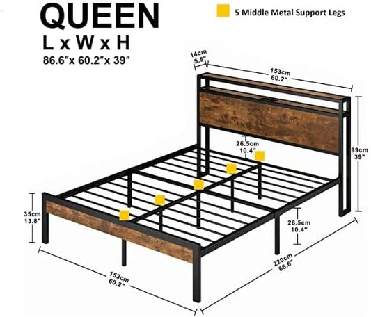 Bed Frame with Headboard and USB Ports, Queen Size